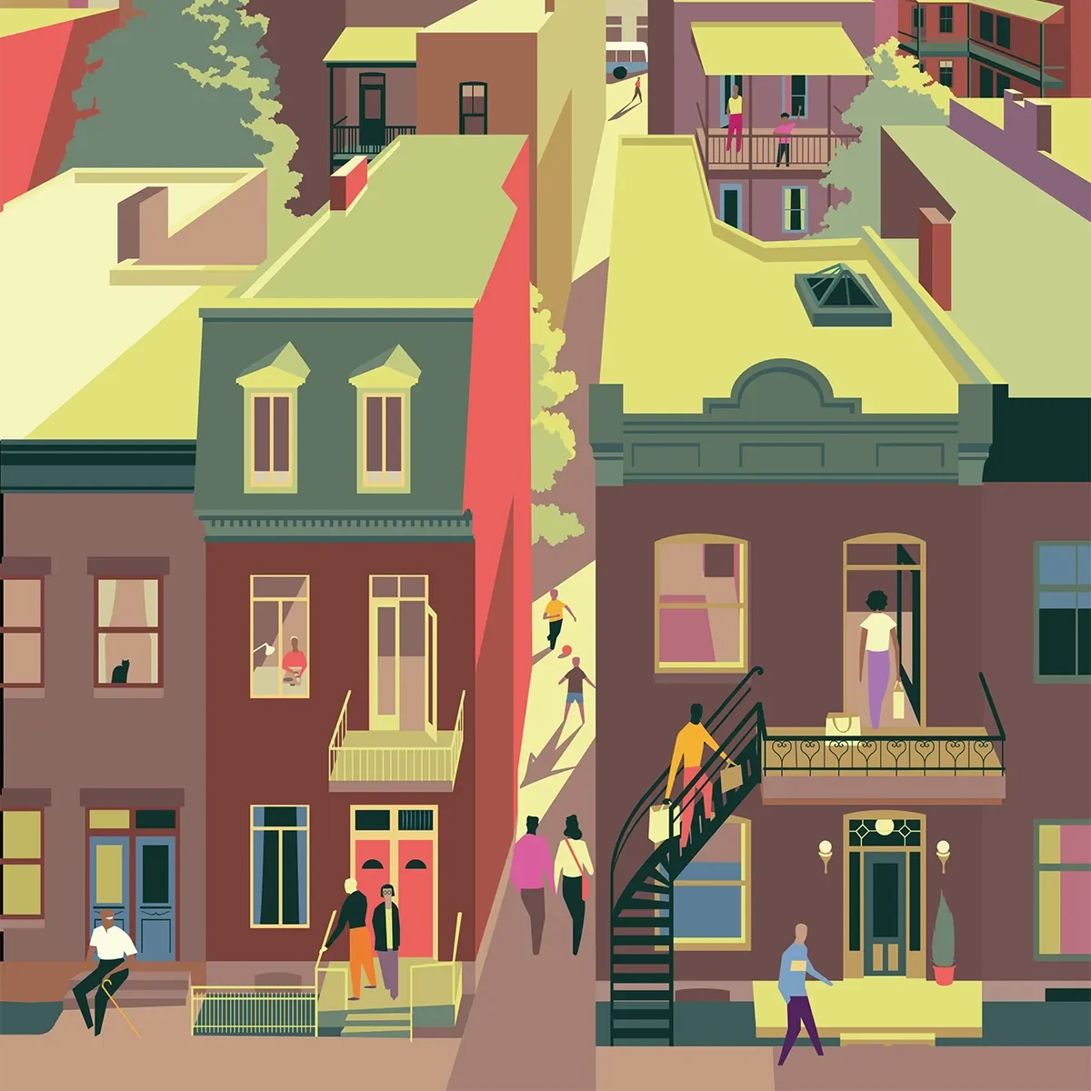 Illustrated Montreal streetscape with colourful row houses and people walking along sidewalks.